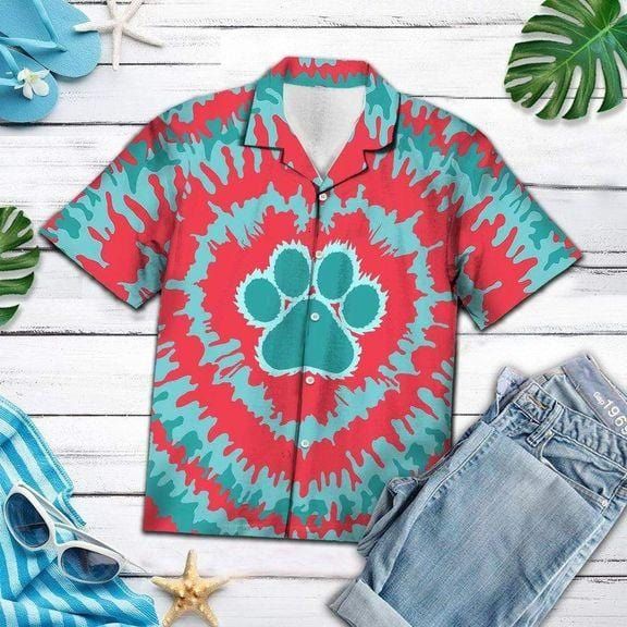 Felacia [Hawaii Shirt] Tie-dye Dog Footprint Hippie Hawaiian Aloha Shirts-ZX2608